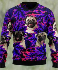 Pug Leaves Purple Ugly Christmas Holiday Sweater