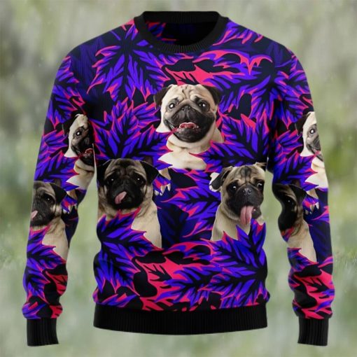 Pug Leaves Purple Ugly Christmas Holiday Sweater