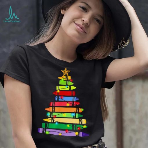 Teacher Christmas T Shirt Crayon Tree Light Gifts Student