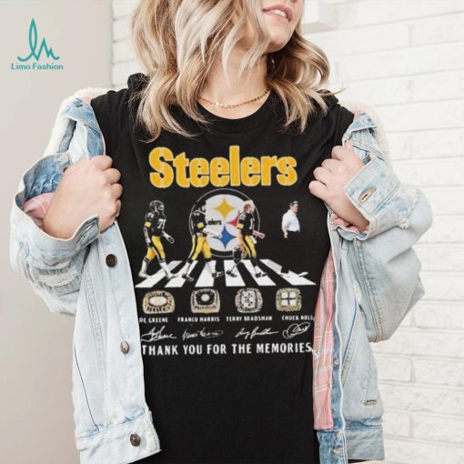 The Steelers Joe Greene Franco Harris Terry Bradshaw And Chuck Noll Abbey Road Thank You For The Memories Signatures Shirt