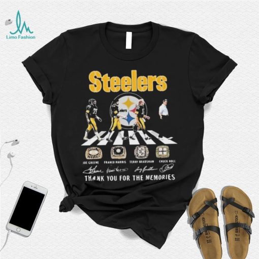 The Steelers Joe Greene Franco Harris Terry Bradshaw And Chuck Noll Abbey Road Thank You For The Memories Signatures Shirt