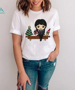Wednesday Addams with Christmas tree on the shelf cartoon shirt1