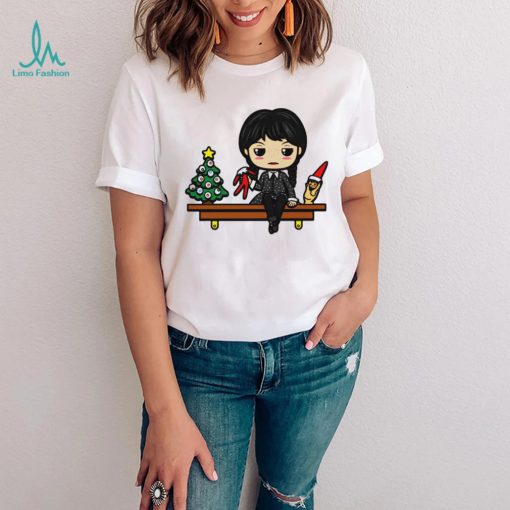 Wednesday Addams with Christmas tree on the shelf cartoon shirt