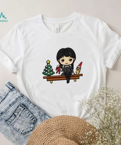 Wednesday Addams with Christmas tree on the shelf cartoon shirt2