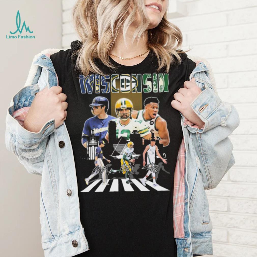 Wisconsin Sports Abbey Road Christian Yelich Aaron Rodgers And Giannis  Antetokounmpo Signatures Shirt - Limotees