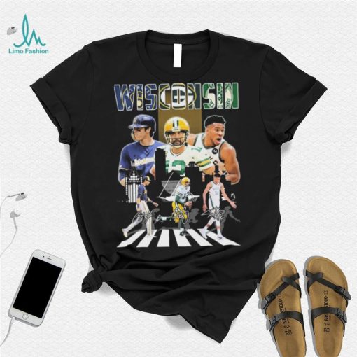 Wisconsin Sports Abbey Road Christian Yelich Aaron Rodgers And Giannis Antetokounmpo Signatures Shirt