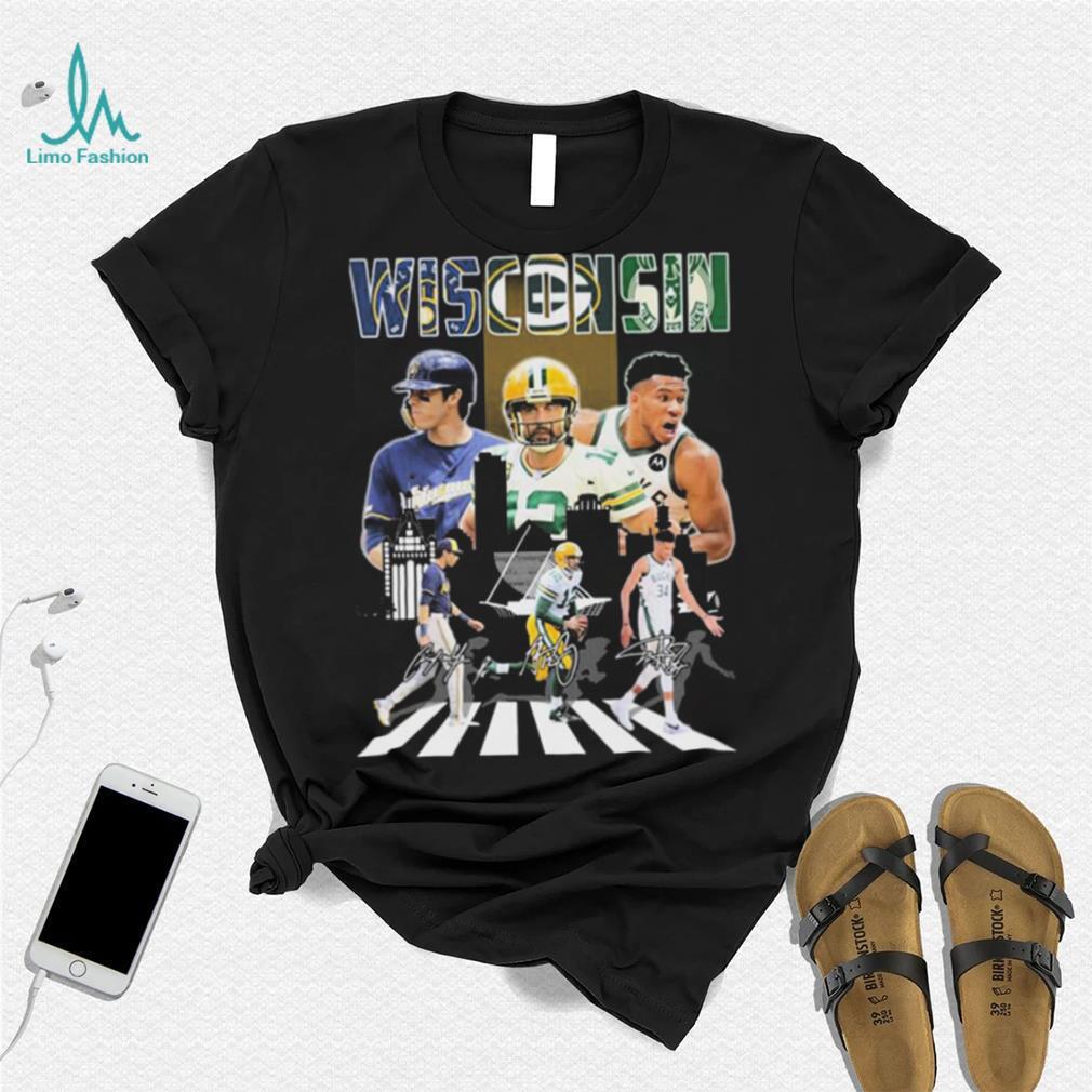 Wisconsin Sports Abbey Road Christian Yelich Aaron Rodgers And Giannis  Antetokounmpo Signatures T-Shirt - Rosita Deal