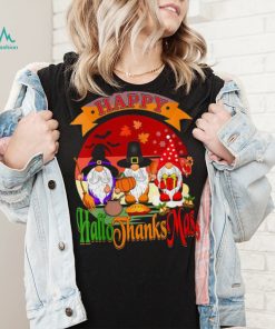 Womens Happy Hallothanksmas Gnomes Halloween Christmas Funny Thanksgiving T Shirt