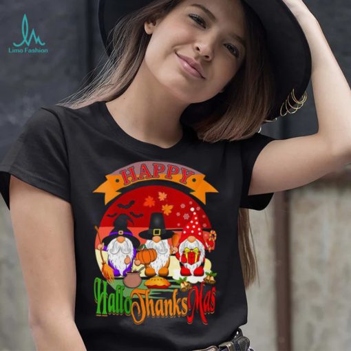 Womens Happy Hallothanksmas Gnomes Halloween Christmas Funny Thanksgiving T Shirt