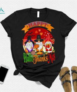 Womens Happy Hallothanksmas Gnomes Halloween Christmas Funny Thanksgiving T Shirt