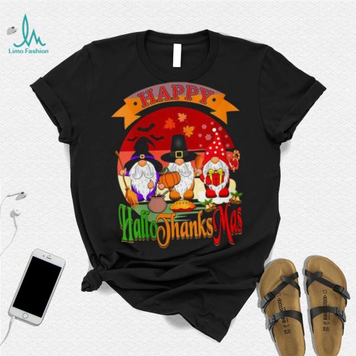 Womens Happy Hallothanksmas Gnomes Halloween Christmas Funny Thanksgiving T Shirt