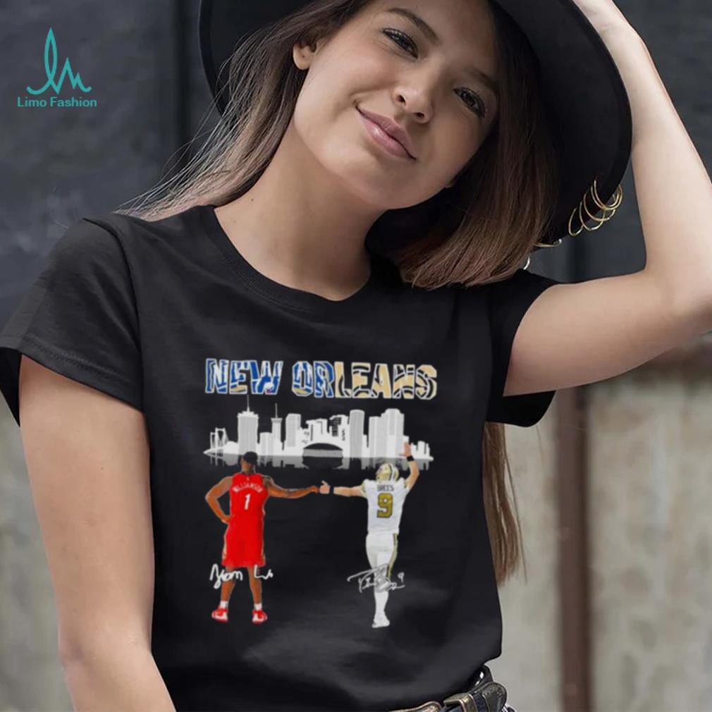 Zion Williamson and Drew Brees New Orleans city skyline signatures shirt  d95564 0 - Limotees