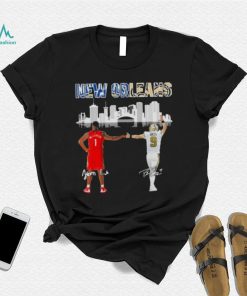 Zion Williamson and Drew Brees New Orleans city skyline signatures shirt d95564 0