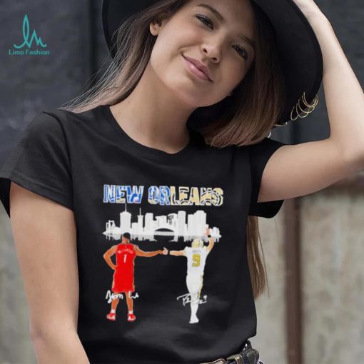 Zion Williamson and Drew Brees New Orleans city skyline with signatures shirt