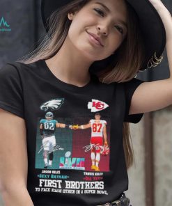 First brothers to face each other in a super bowl Jason Kelce sexy batman Travis Kelce big yet Eagles Chiefs signatures shirt