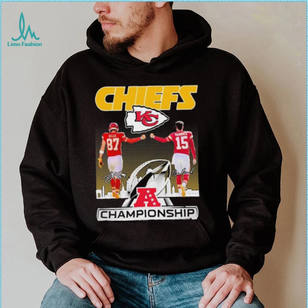 Patrick Mahomes Travis Kelce Kansas City Chiefs AFC Championship Signatures Shirt Patrick Mahomes Travis Kelce Kansas City Chiefs AFC Championship Signatures Shirt