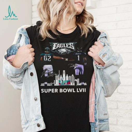 Super Bowl LVII Jalen Hurts and Travis Kelce Philadelphia Eagles skyline signatures shirt