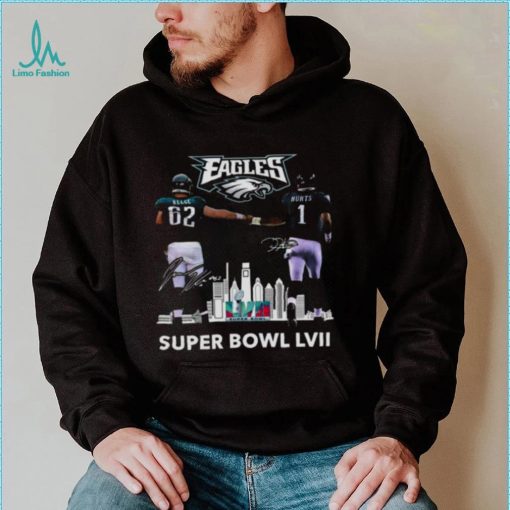 Super Bowl LVII Jalen Hurts and Travis Kelce Philadelphia Eagles skyline signatures shirt