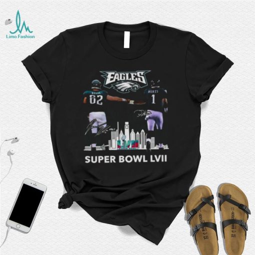 Super Bowl LVII Jalen Hurts and Travis Kelce Philadelphia Eagles skyline signatures shirt