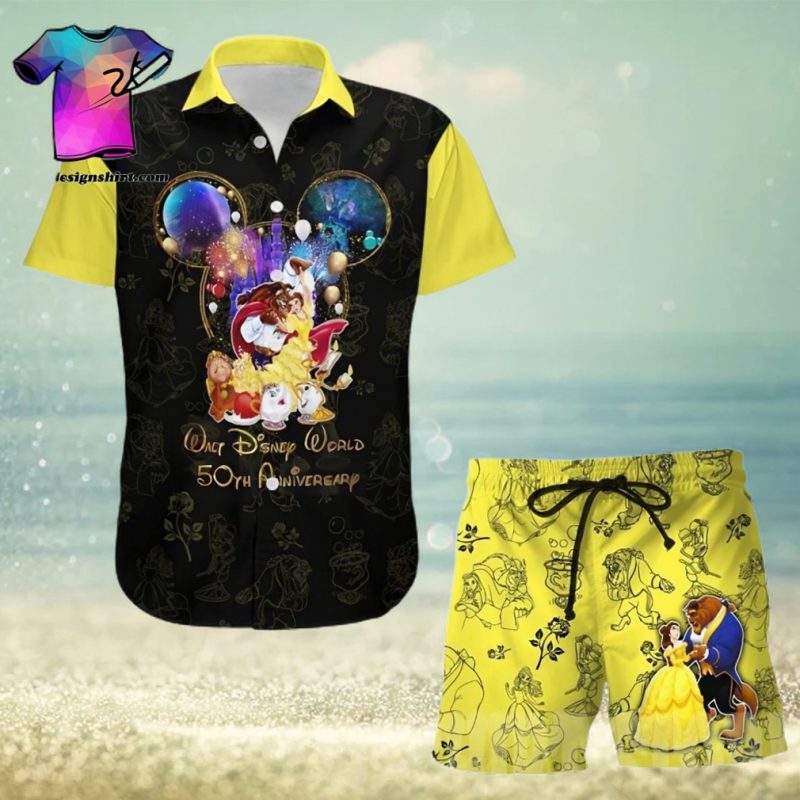 Beauty And The Beast 50th Anniversary Glitter Disney Castle All Over Print Combo Hawaiian Shirt