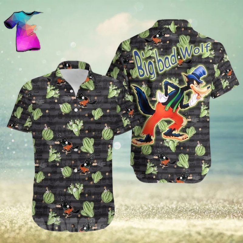 Big Bad Wolf Disney Cactus Pattern All Over Print Hawaiian Shirt   Black