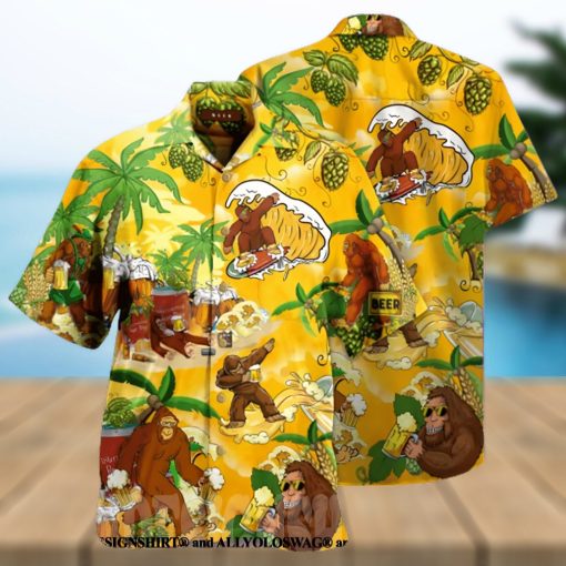 Bigfoot Summer Beer Beach All Over Print Hawaiian Shirt Yellow