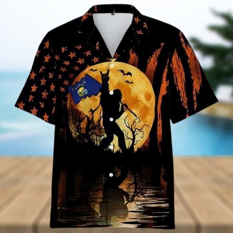 Bigfoot With Montana Flag Halloween Hawaiian Shirt