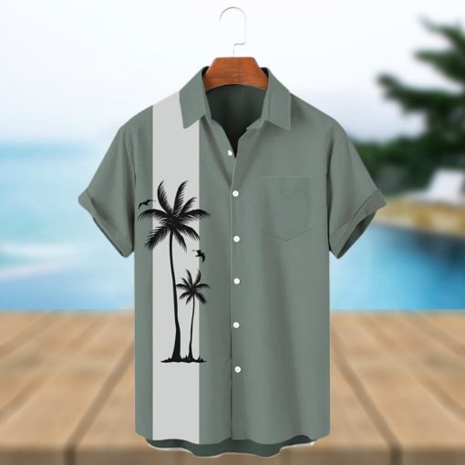Men s Beach Coconut Tree Print Vintage Bowling Style Hawaiian Shirt