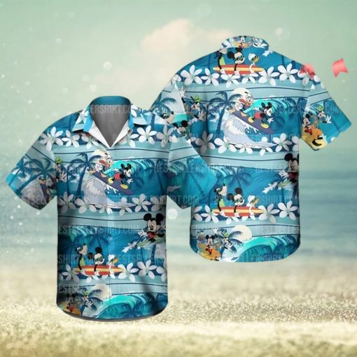 Mickey Mouse Disney Surfing Donald Duck White Frangipani Floral Disney Hawaiian Shirt