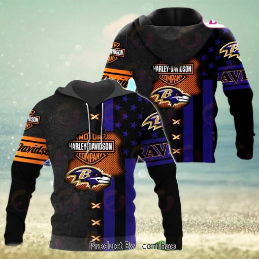 NFL Baltimore Ravens Specialized Design With Flag Mix Harley Davidson 3D Hoodie