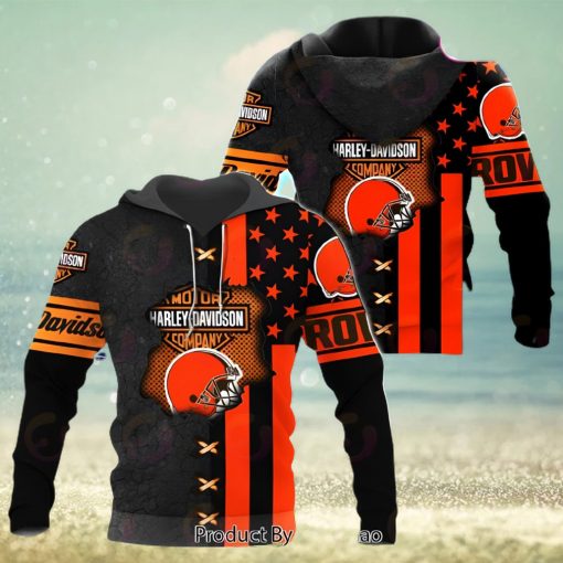 NFL Cleveland Browns Specialized Design With Flag Mix Harley Davidson 3D Hoodie