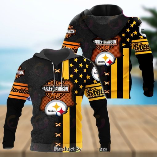 NFL Pittsburgh Steelers Specialized Design With Flag Mix Harley Davidson 3D Hoodie