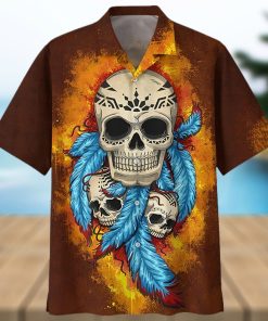 Native Skull Blue Feather Brown Hawaiian Shirt