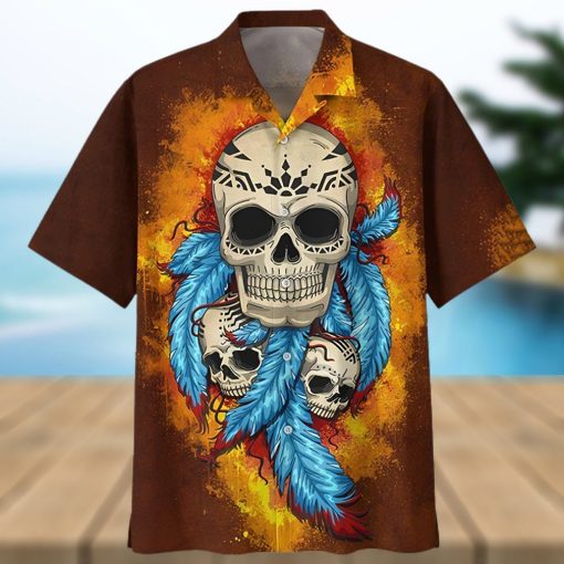 Native Skull Blue Feather Brown Hawaiian Shirt