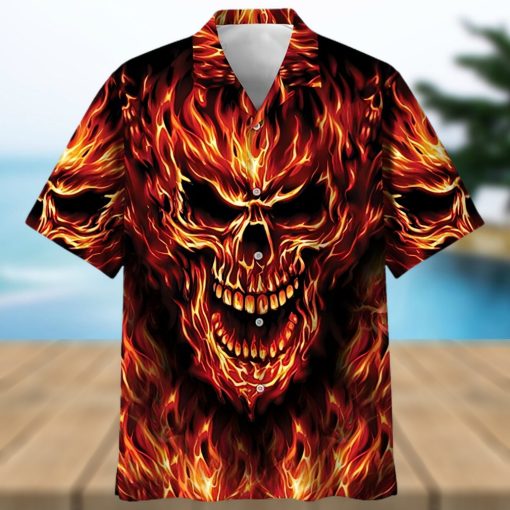 Red Flame Skull Art – Skull Unisex Hawaiian Shirt Summer Hawaiian