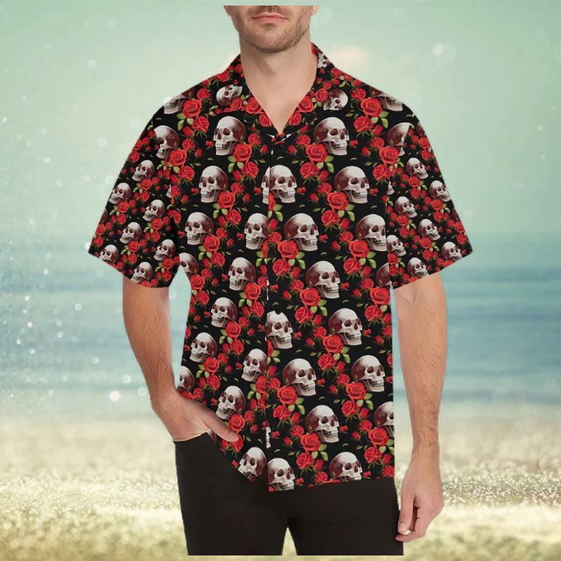 Red Rose Skull Design Print Hawaiian Shirt