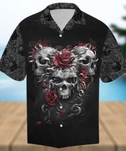Scary Trio Skull Red Roses Aloha Hawaiian Shirt Colorful Short Sleeve Summer Beach Casual Shirt