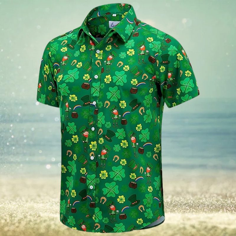 St  Patrick s Day Hawaiian Shirt for Men Irish Printed Casual Short Sleeve Button Down Beach Shirts