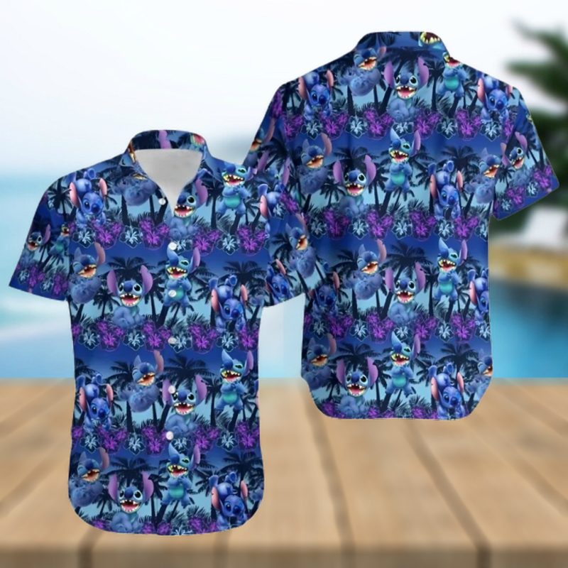 Stitch Cute Blue Purple Hibiscus Floral Coconut Tree Disney Cruise 2023 Disney Hawaiian Shirt