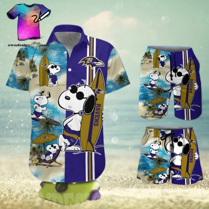The best selling  Baltimore Ravens Snoopy All Over Print Hawaiian Shirt And Beach Short