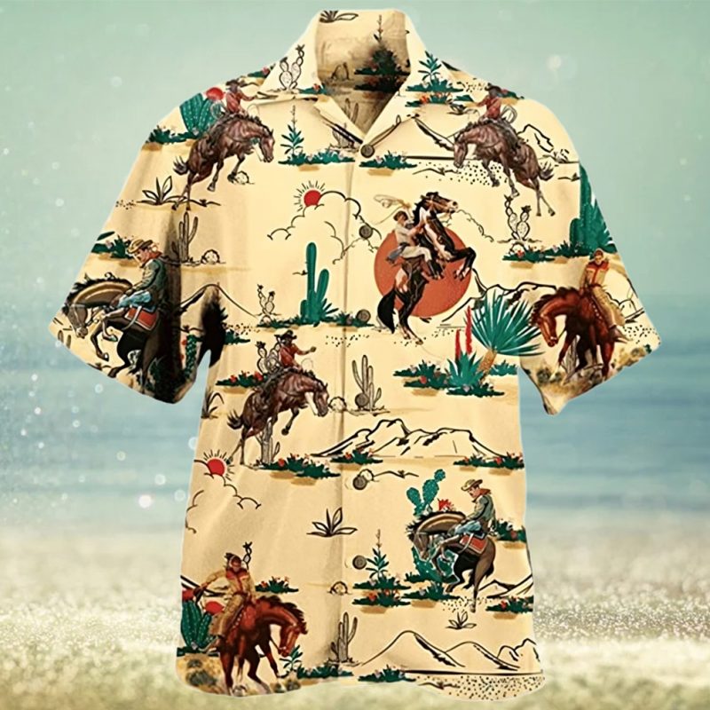Western Cowboy Men s Hawaiian Shirt   Horse Lovers Casual Short Sleeve Button Down Hawaiian Shirts
