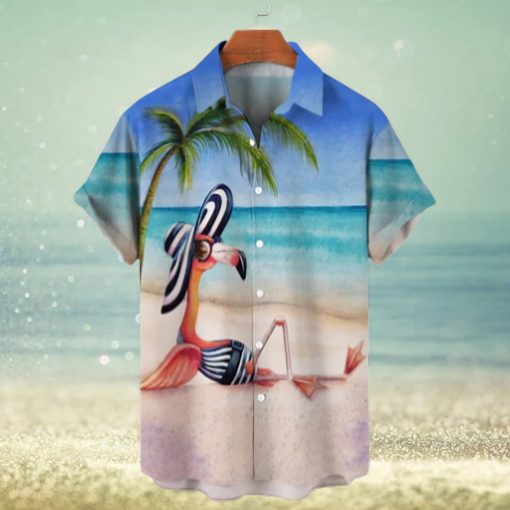 Beach Flamingo Print Men’s Hawaiian Short Sleeve Shirt