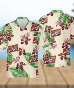 Beige Schlitz Beer Hawaiian Shirt Hibiscus Flower Palm Leaves Pattern
