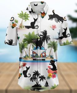 Black Cat On Summer Beach Palm Tree Aloha Hawaiian Shirt