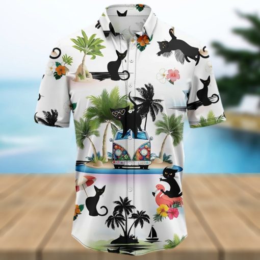 Black Cat On Summer Beach Palm Tree Aloha Hawaiian Shirt