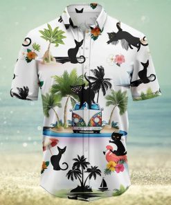 Black Cat On Summer Beach Palm Tree Aloha Hawaiian Shirt