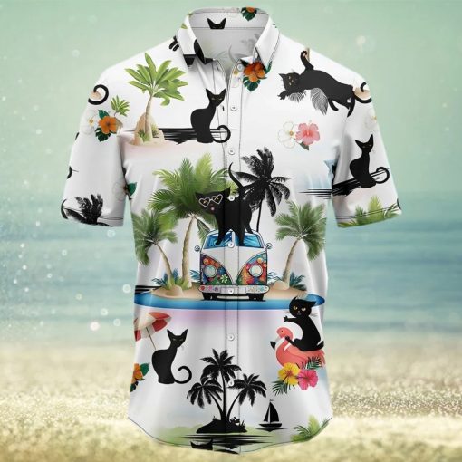 Black Cat On Summer Beach Palm Tree Aloha Hawaiian Shirt