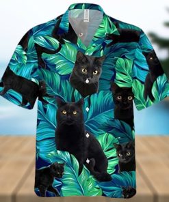 Black Cat On Summer Palm Tree Aloha Hawaiian Shirt