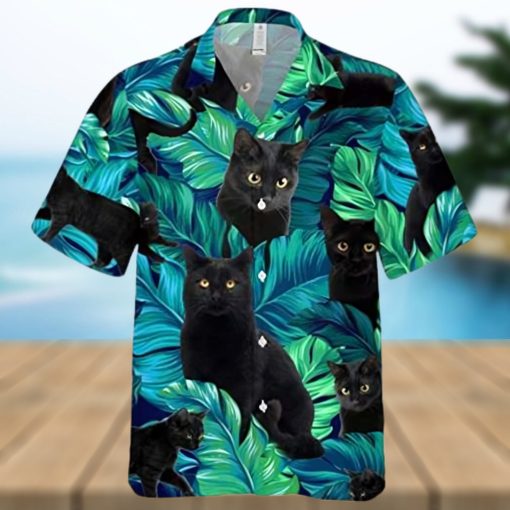 Black Cat On Summer Palm Tree Aloha Hawaiian Shirt