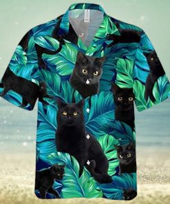 Black Cat On Summer Palm Tree Aloha Hawaiian Shirt